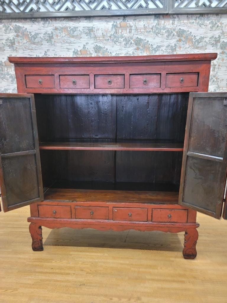 Antique Shanxi Province Red Lacquered Elm Storage Cabinet With Drawers - 8