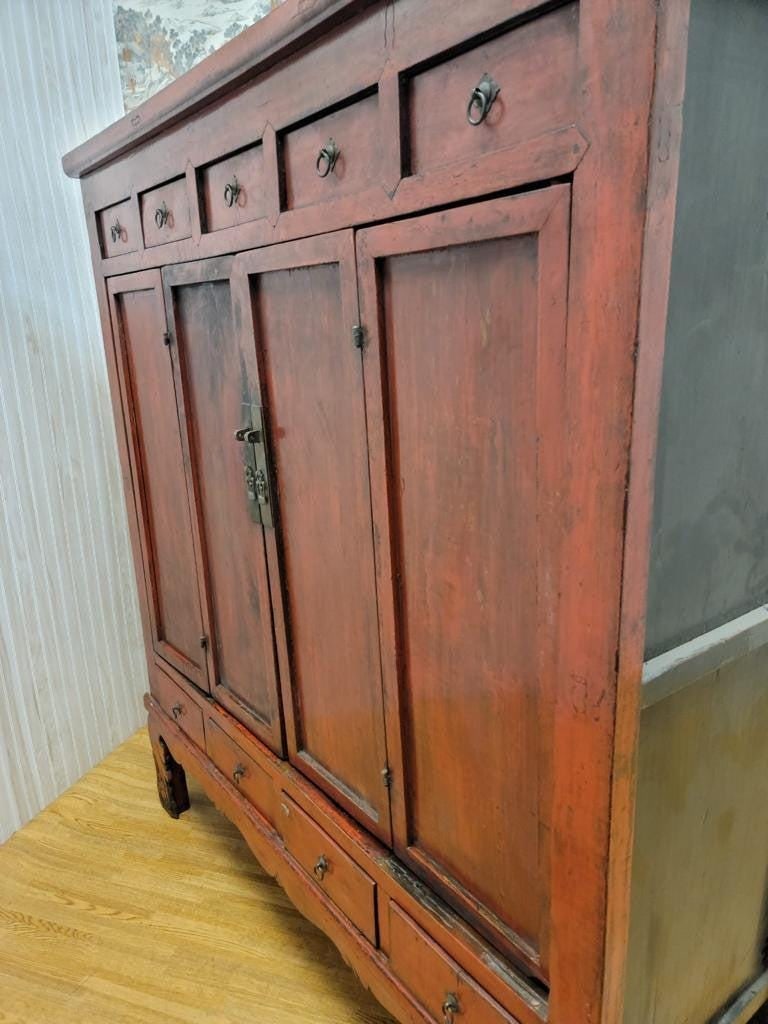 Antique Shanxi Province Red Lacquered Elm Storage Cabinet With Drawers - 9