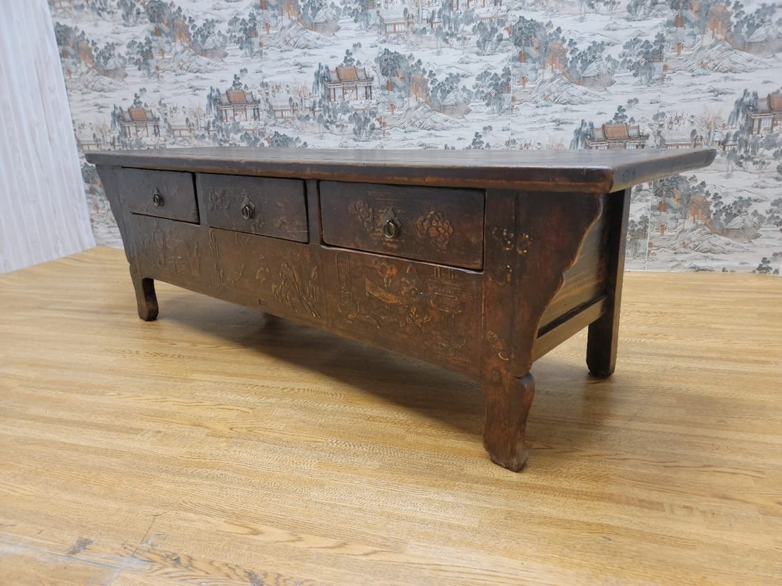 Traditional Handmade Shanxi Province Coffer Sideboard Featuring Artistic Carvings - 2