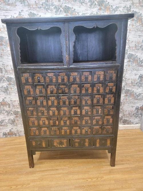 Antique Shanxi Province Hand Painted Black Lacquer Apothecary/Medicine Cabinet - 2