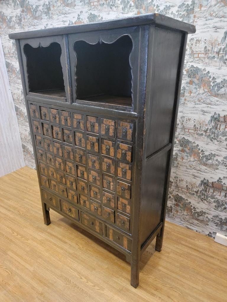 Antique Shanxi Province Hand Painted Black Lacquer Apothecary/Medicine Cabinet - 4