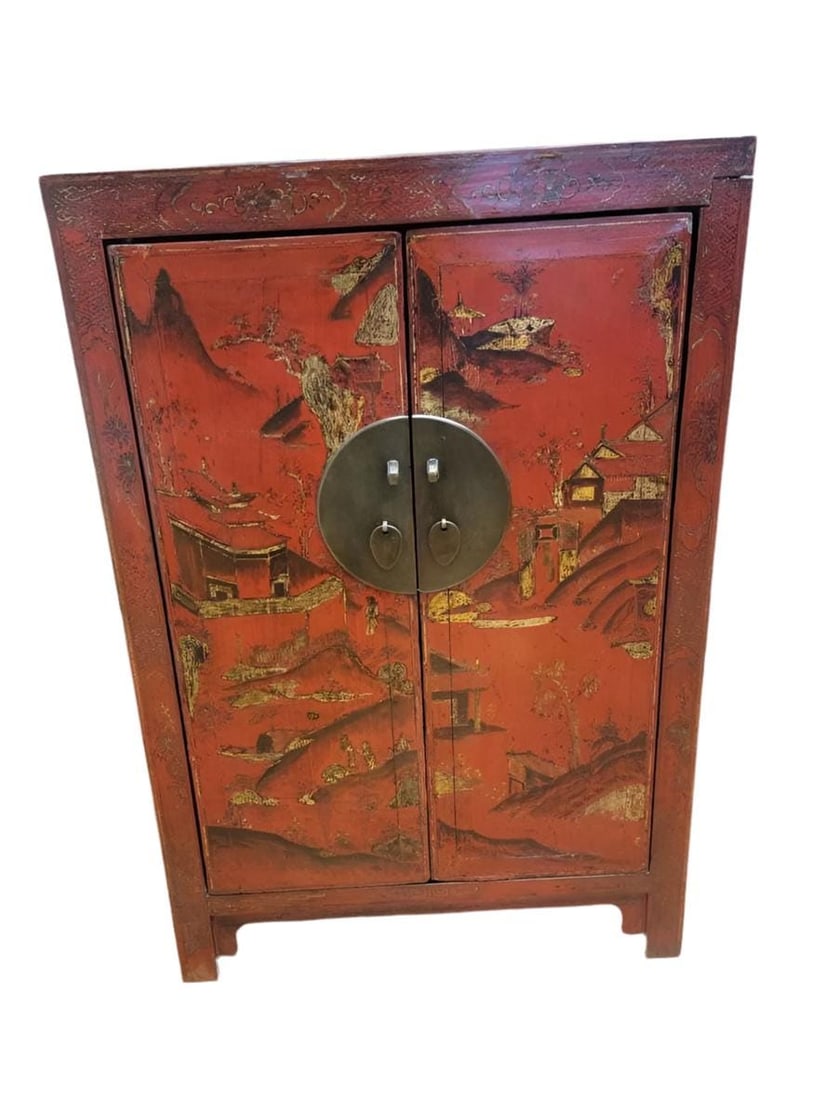 Vintage Shanxi Province Red Lacquer Chinoiserie Cabinet