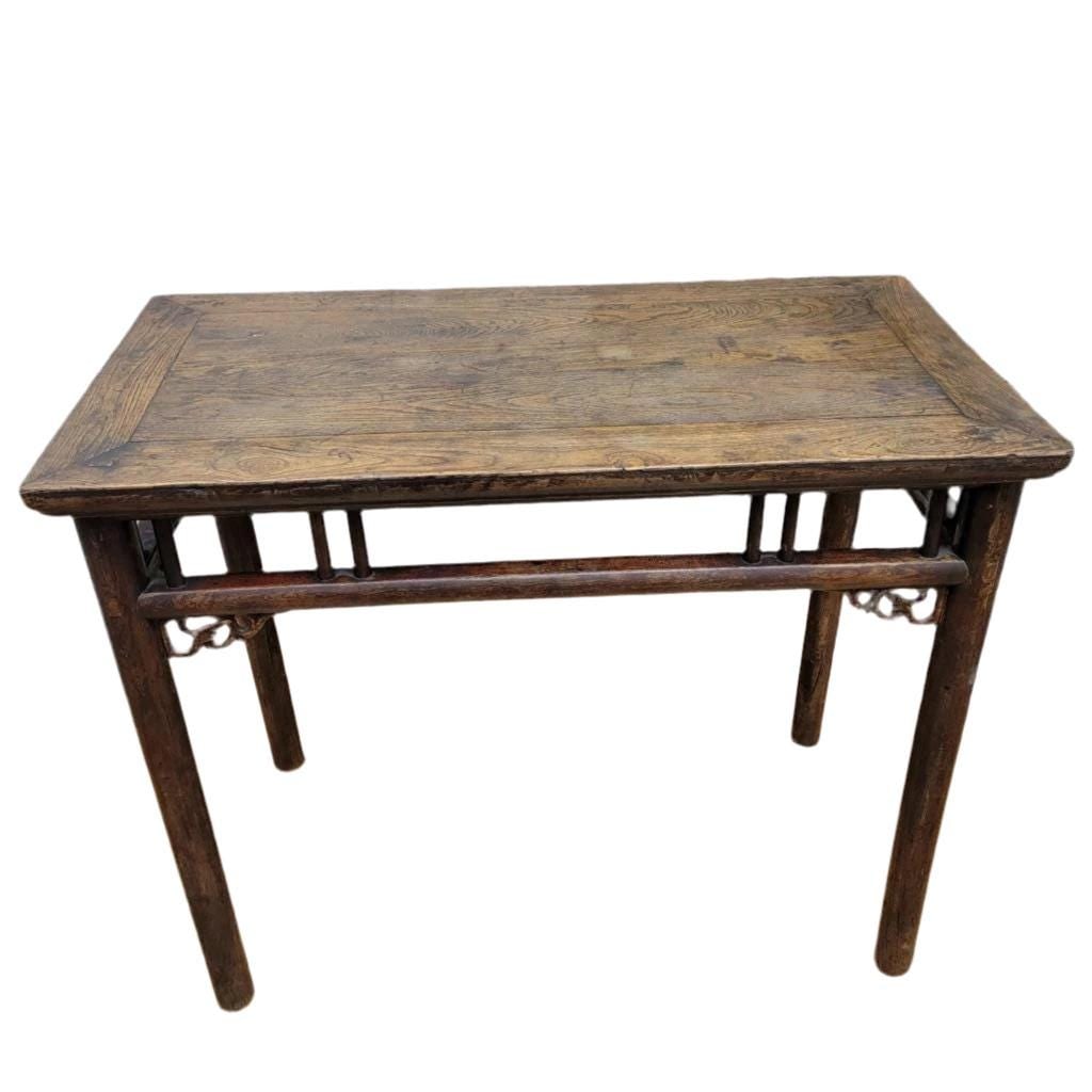Antique Shanxi Province Elmwood Altar Carved Console Table: Title: Antique Shanxi Province Elmwood Altar Carved Console Table Description: Antique Shanxi Province Elmwood Altar Carved Ornate Console TableThis sleek Chinese side table in the style of the Qing d