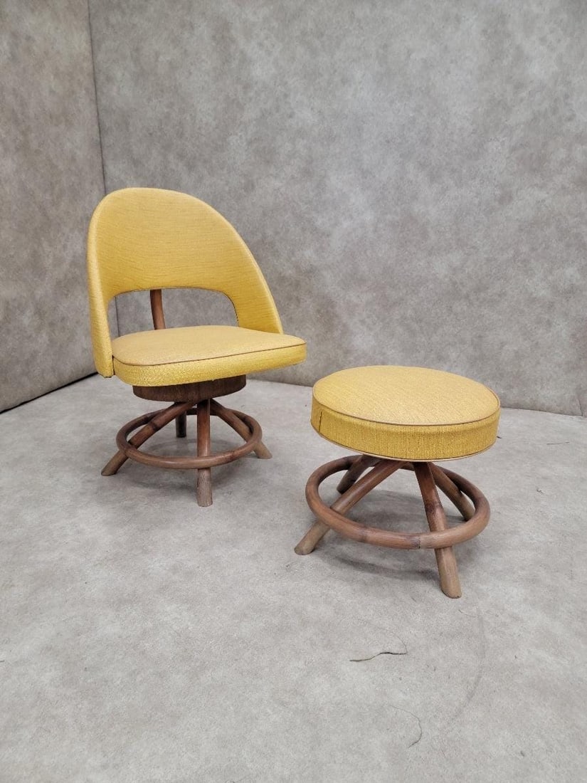 Mid Century Modern Saarinen Style Rattan Swivel Base Chair and Ottoman - 10