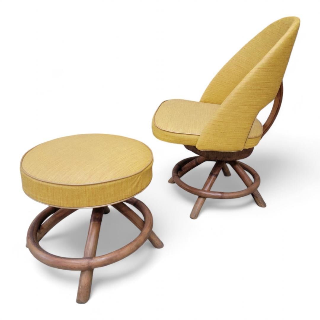 Mid Century Modern Saarinen Style Rattan Swivel Base Chair and Ottoman - 2