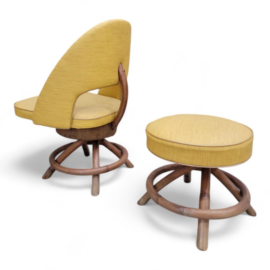 Mid Century Modern Saarinen Style Rattan Swivel Base Chair and Ottoman - 3