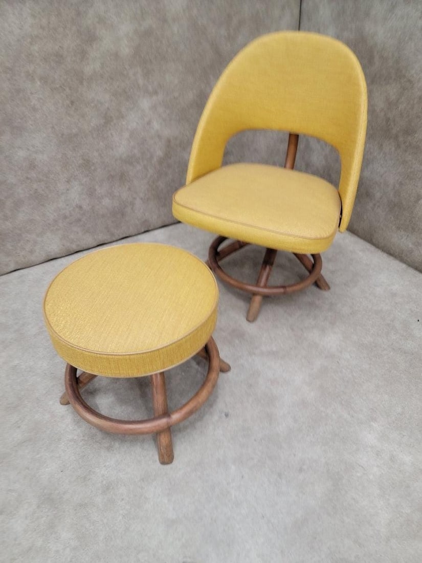 Mid Century Modern Saarinen Style Rattan Swivel Base Chair and Ottoman - 4