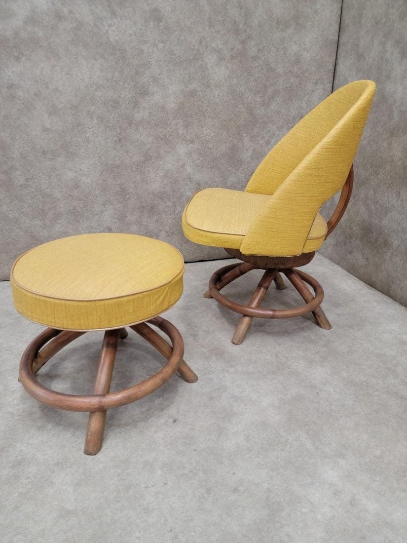 Mid Century Modern Saarinen Style Rattan Swivel Base Chair and Ottoman - 5