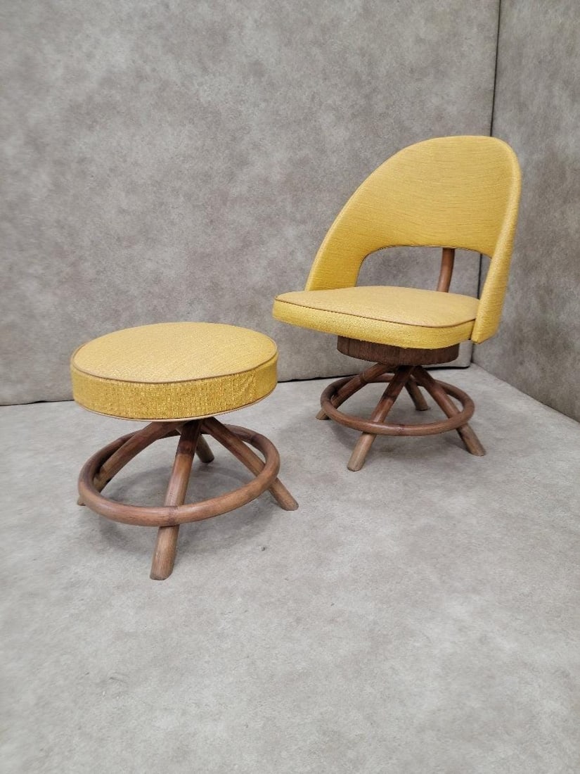 Mid Century Modern Saarinen Style Rattan Swivel Base Chair and Ottoman - 6