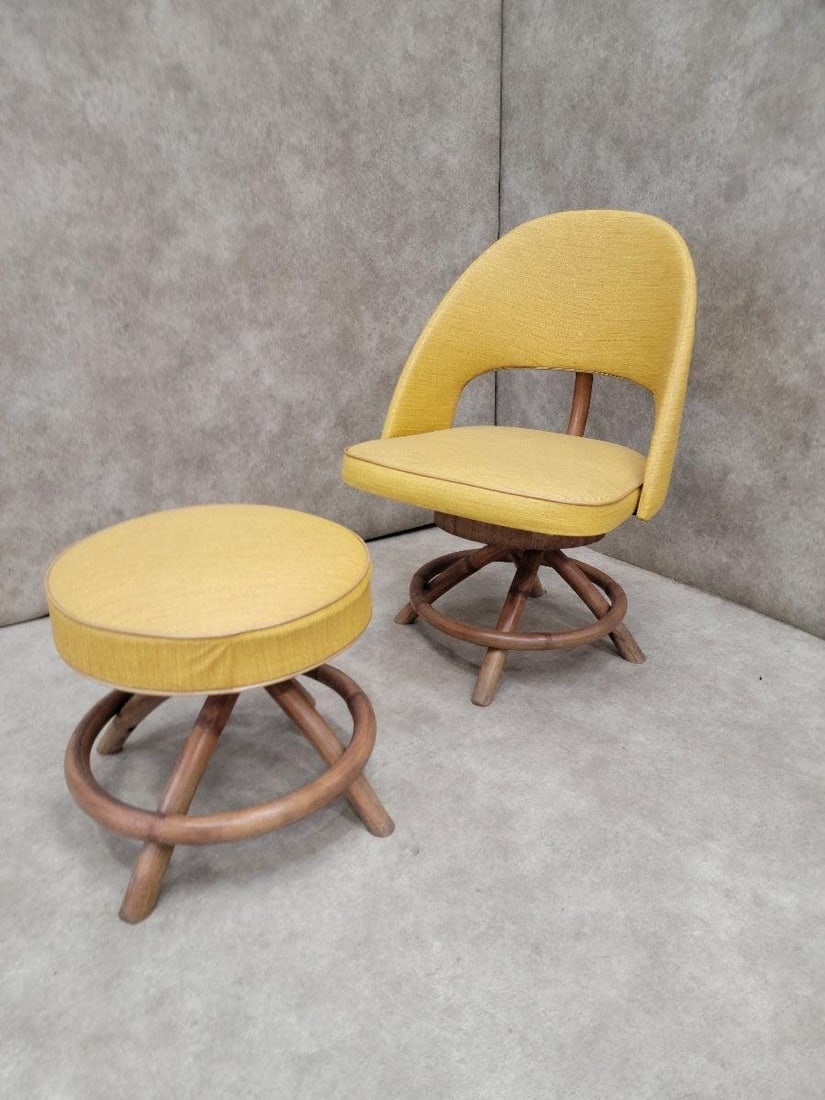 Mid Century Modern Saarinen Style Rattan Swivel Base Chair and Ottoman - 7