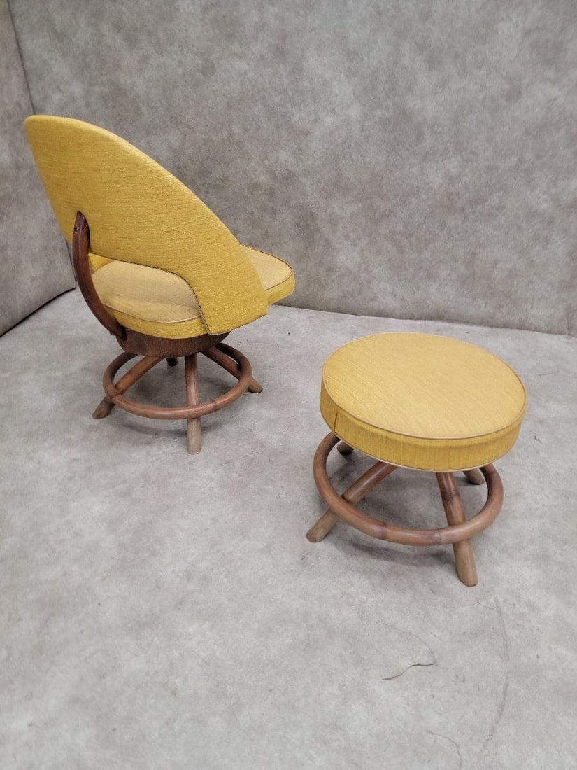 Mid Century Modern Saarinen Style Rattan Swivel Base Chair and Ottoman - 9