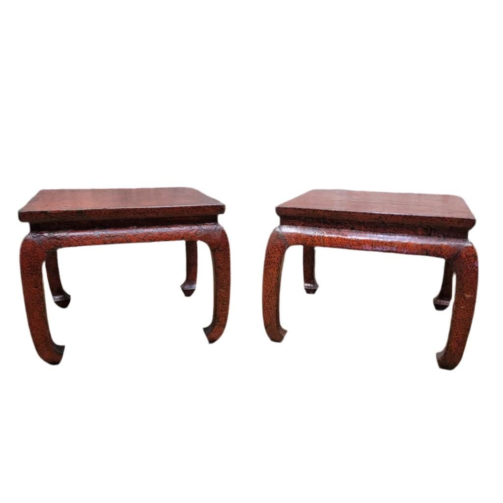 Antique Shanxi Province Red Lacquer Elm Side Tables - Pair