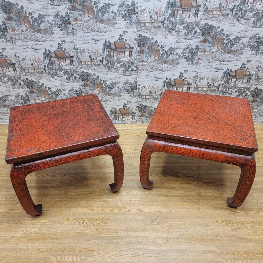 Antique Shanxi Province Red Lacquer Elm Side Tables - Pair - 9