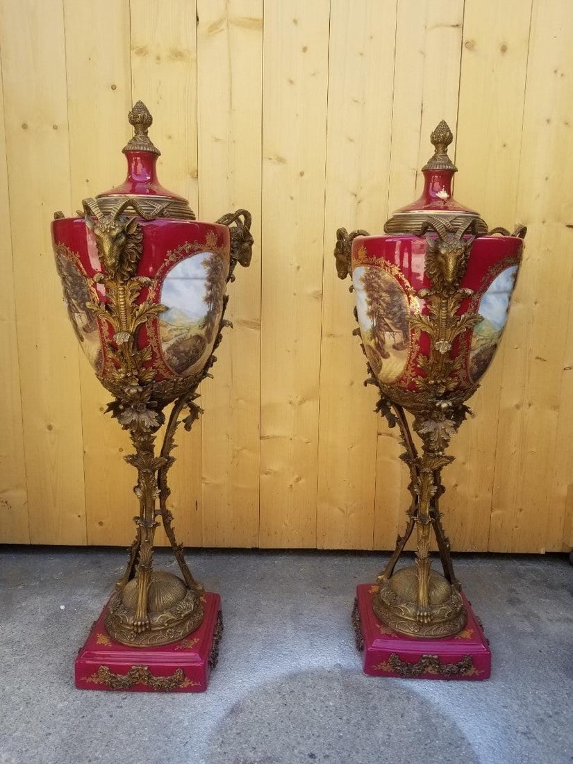 Antique French Ornate Rams Head Hand Painted Sèvres Lidded Urn Vases - Pair - 2