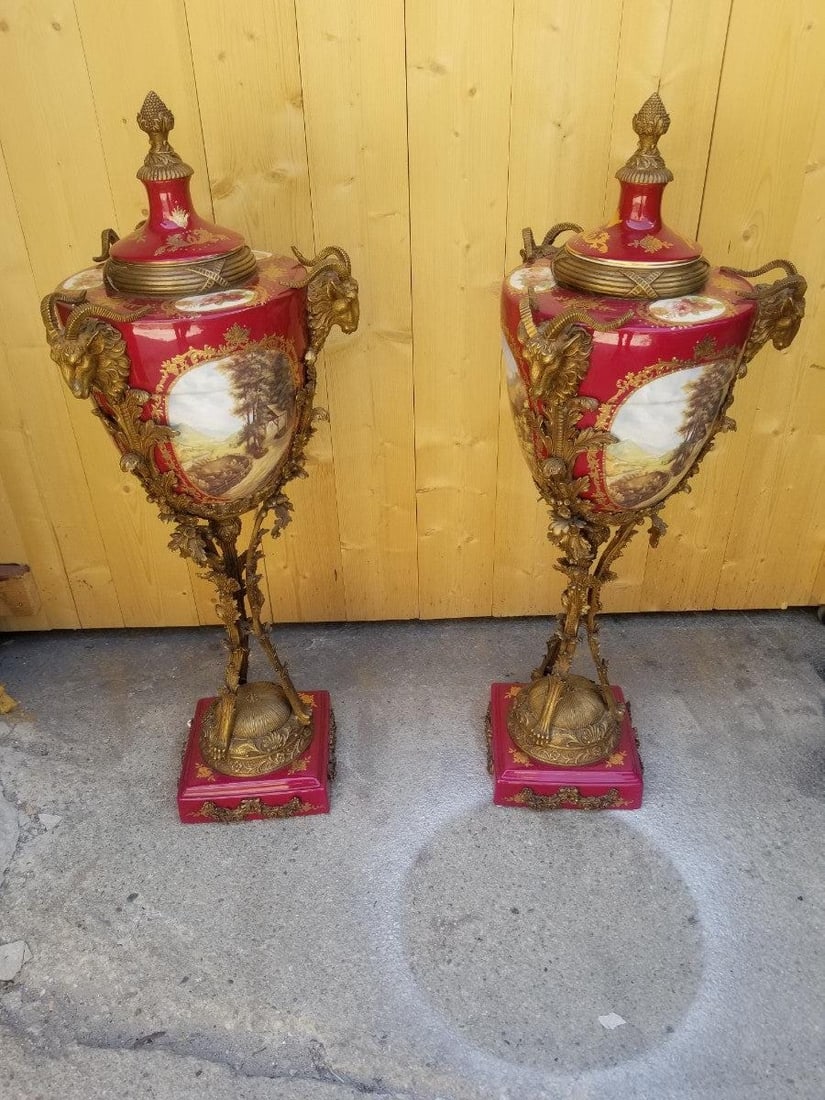 Antique French Ornate Rams Head Hand Painted Sèvres Lidded Urn Vases - Pair - 3