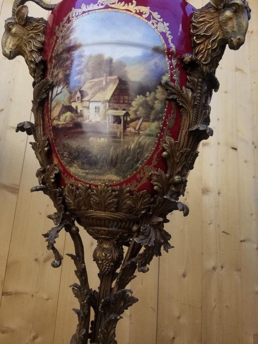 Antique French Ornate Rams Head Hand Painted Sèvres Lidded Urn Vases - Pair - 5