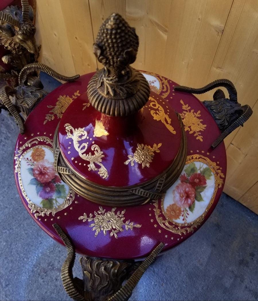 Antique French Ornate Rams Head Hand Painted Sèvres Lidded Urn Vases - Pair - 8