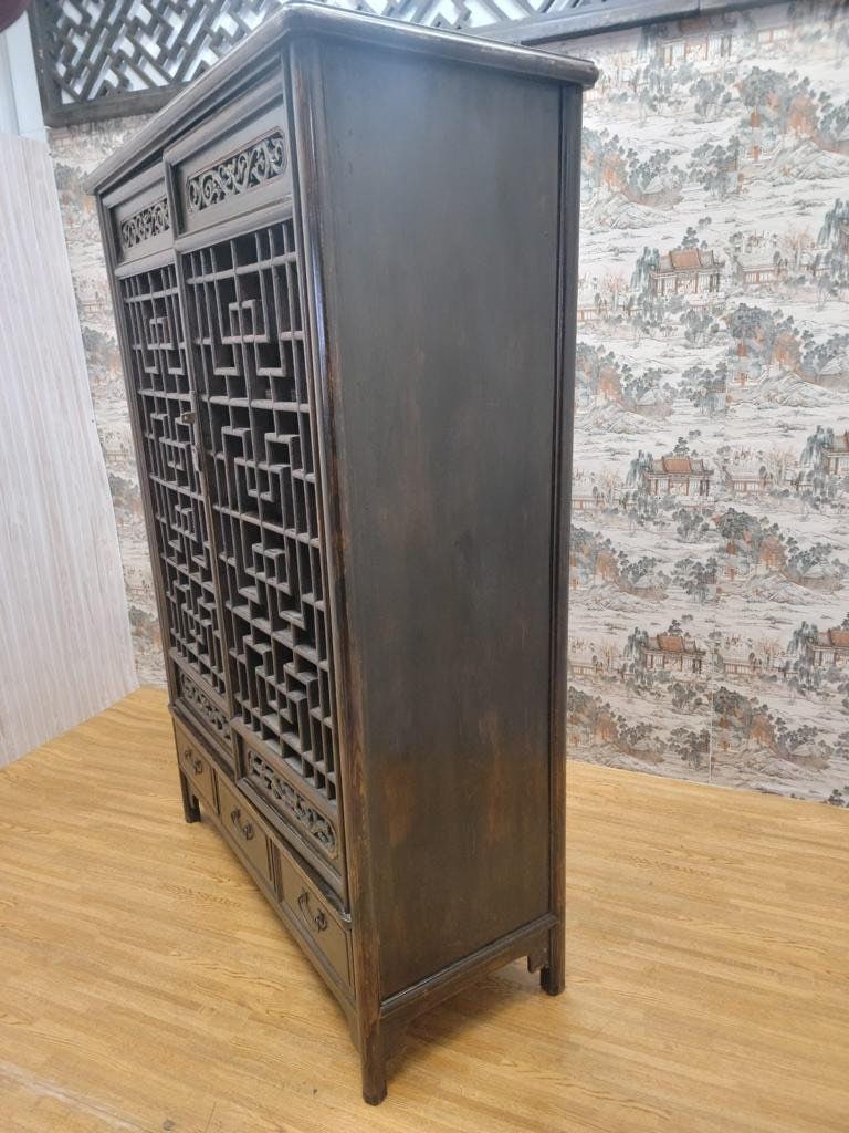 Exquisite Antique Shanxi Elmwood Door Panel Cabinet with Elaborate Lattice Carvings - 3