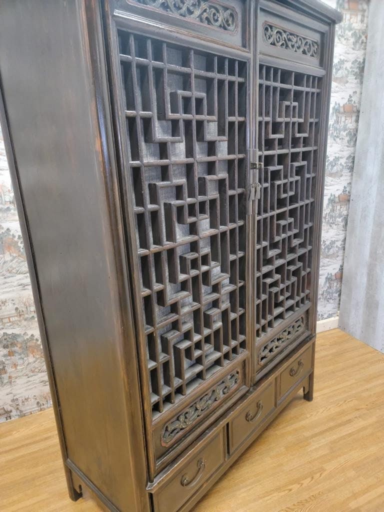 Exquisite Antique Shanxi Elmwood Door Panel Cabinet with Elaborate Lattice Carvings - 5