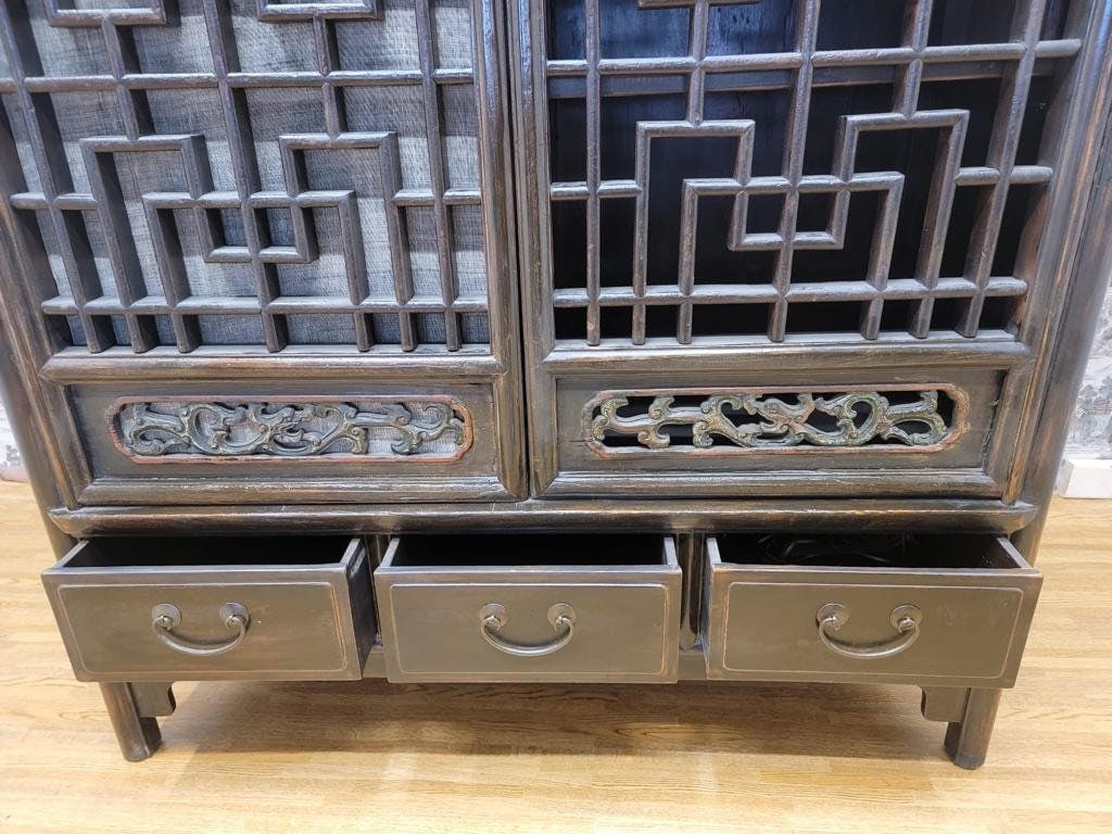 Exquisite Antique Shanxi Elmwood Door Panel Cabinet with Elaborate Lattice Carvings - 8