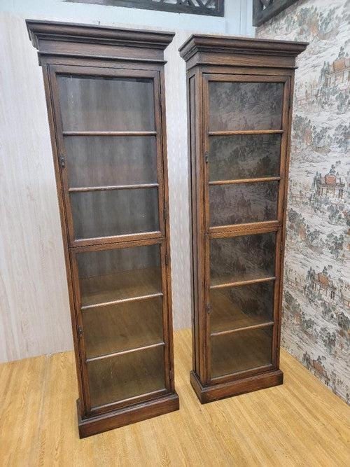 Antique Thai British Colonial Teak and Glass Display Cabinet - Pair