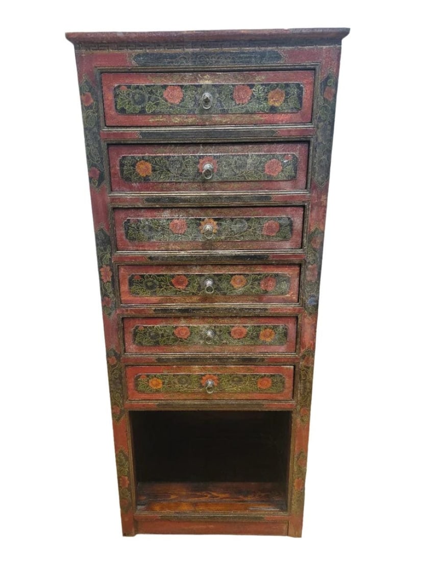 Antique Hand Painted Tibetan Cabinet with Drawers and Display Shelf