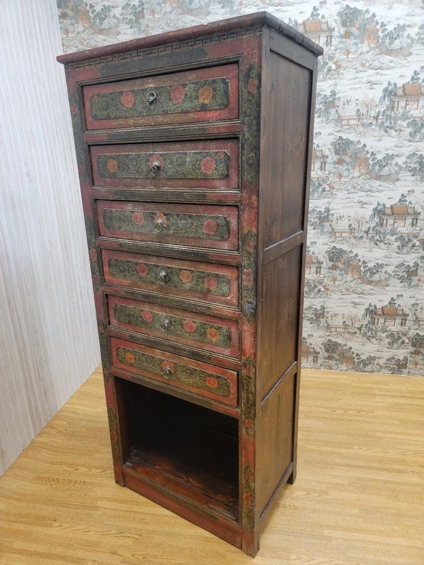 Antique Hand Painted Tibetan Cabinet with Drawers and Display Shelf - 3