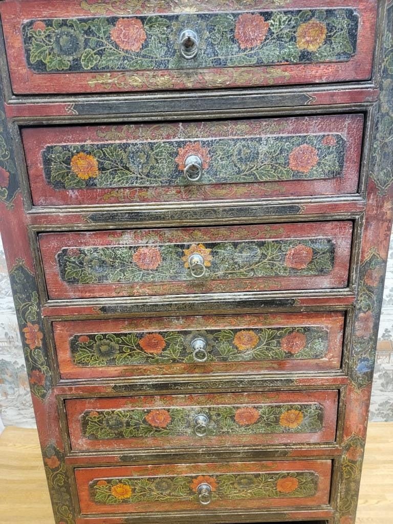Antique Hand Painted Tibetan Cabinet with Drawers and Display Shelf - 5