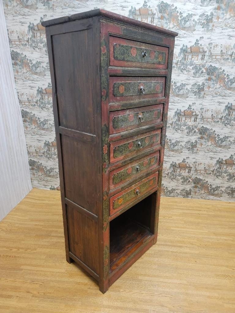 Antique Hand Painted Tibetan Cabinet with Drawers and Display Shelf - 6