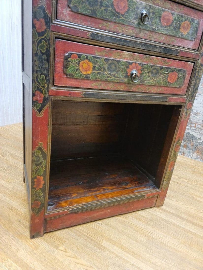 Antique Hand Painted Tibetan Cabinet with Drawers and Display Shelf - 7