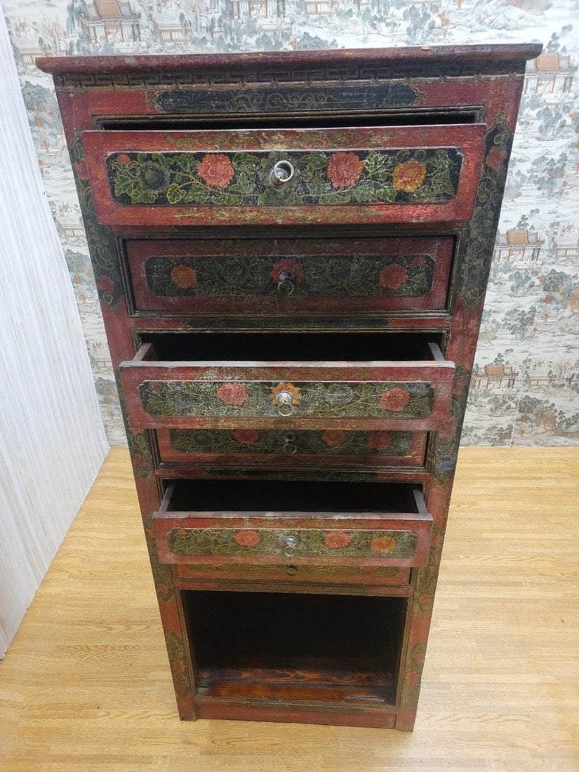 Antique Hand Painted Tibetan Cabinet with Drawers and Display Shelf - 8