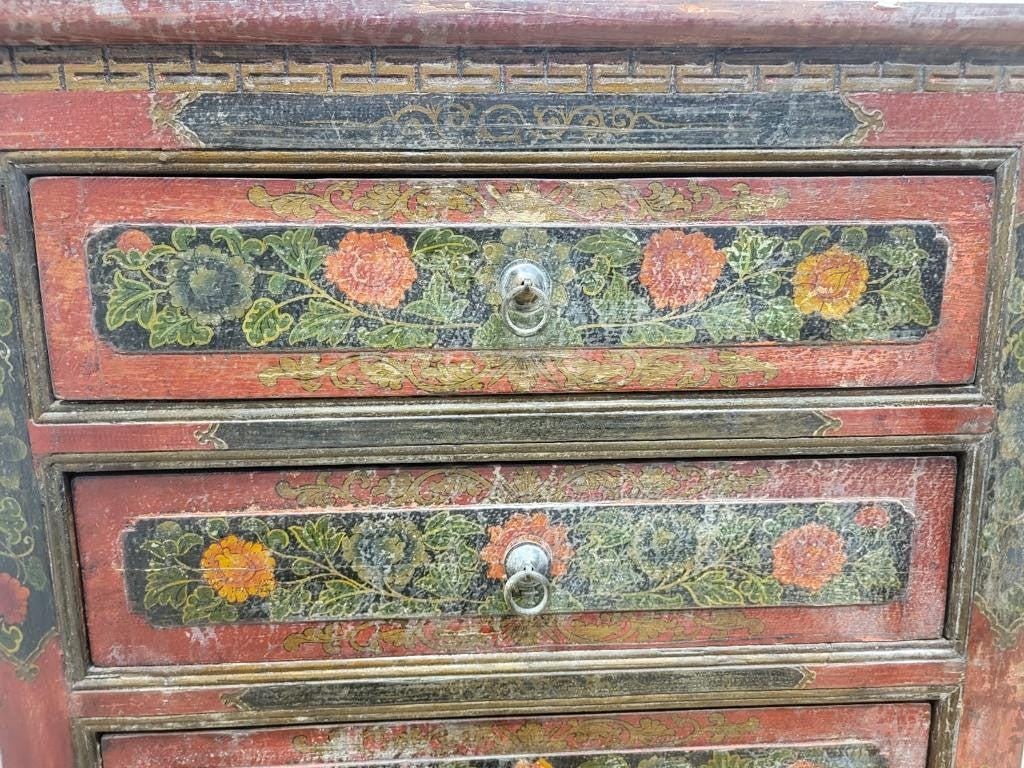 Antique Hand Painted Tibetan Cabinet with Drawers and Display Shelf - 9