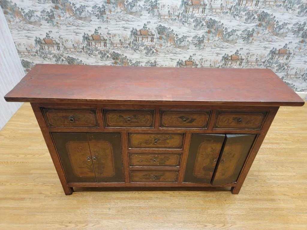Antique Shanxi Province Red Lacquered & Elmwood Hand Painted Sideboard - 10