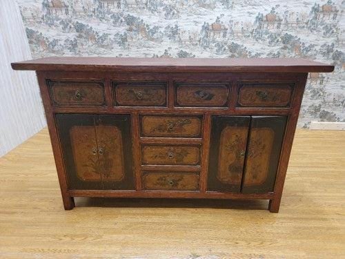 Antique Shanxi Province Red Lacquered & Elmwood Hand Painted Sideboard