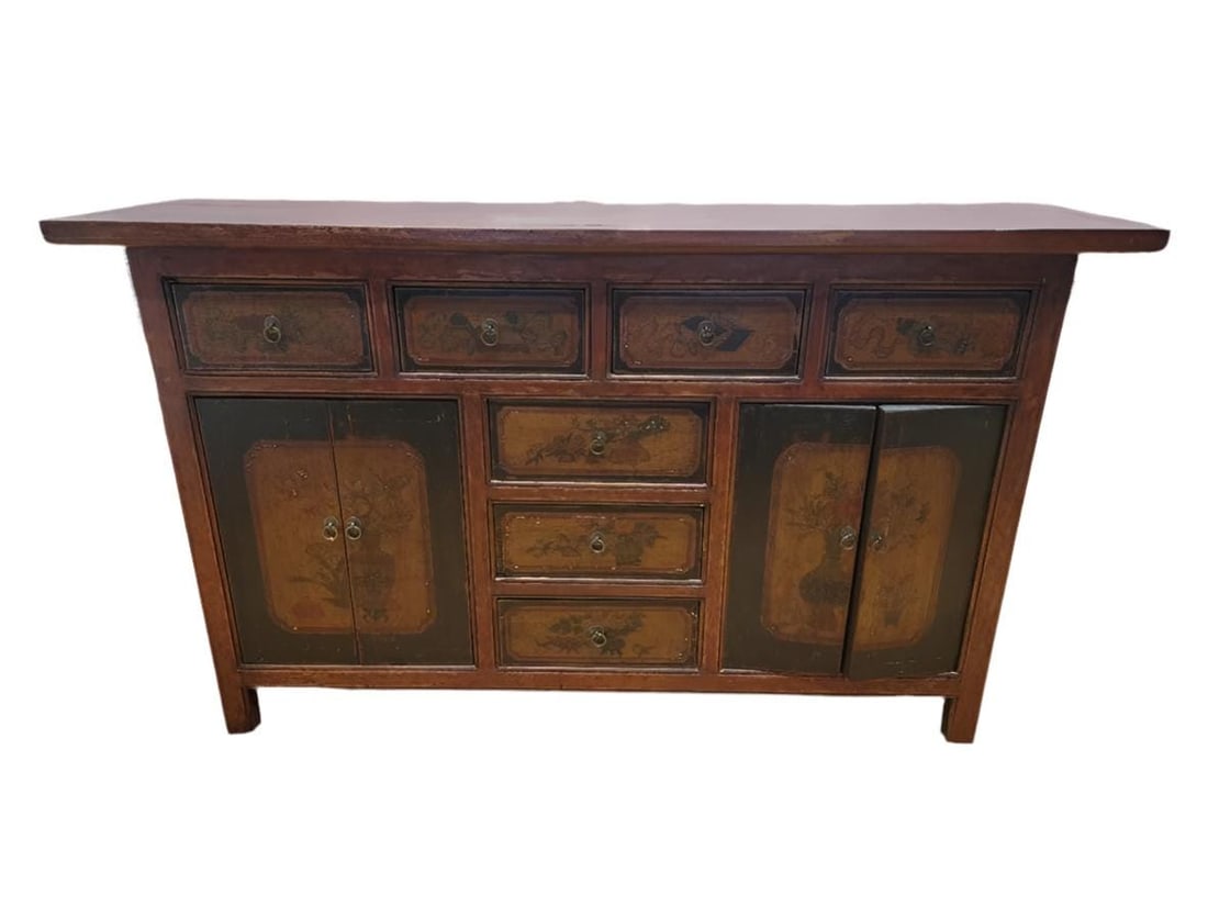 Antique Shanxi Province Red Lacquered & Elmwood Hand Painted Sideboard - 2