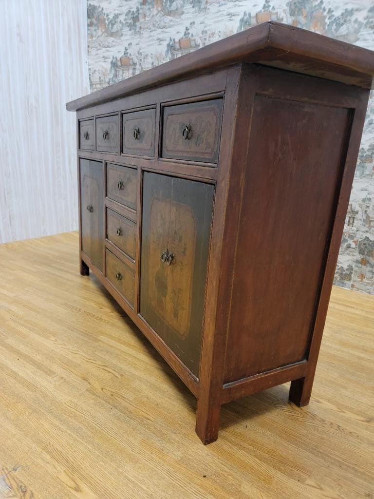 Antique Shanxi Province Red Lacquered & Elmwood Hand Painted Sideboard - 4