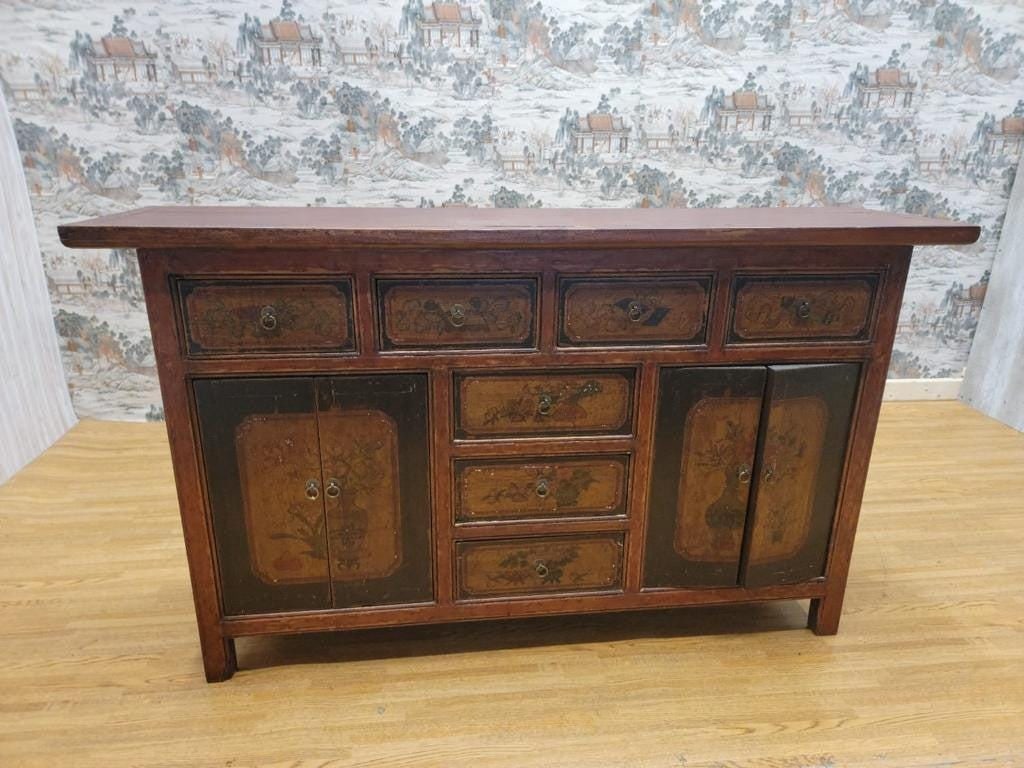 Antique Shanxi Province Red Lacquered & Elmwood Hand Painted Sideboard - 6
