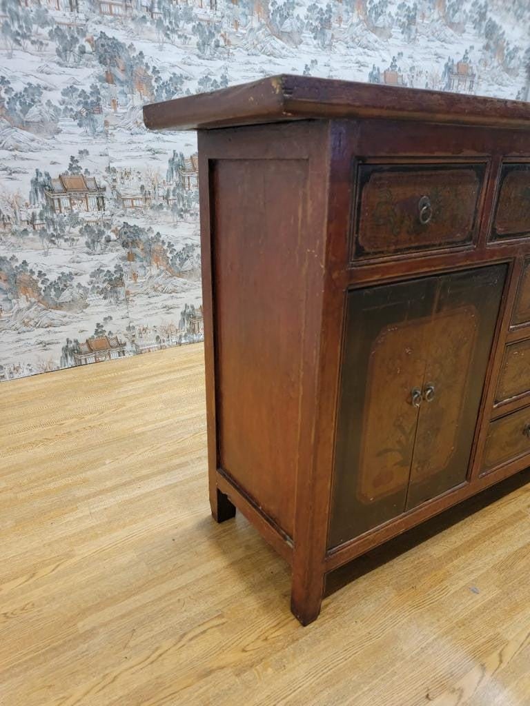 Antique Shanxi Province Red Lacquered & Elmwood Hand Painted Sideboard - 7