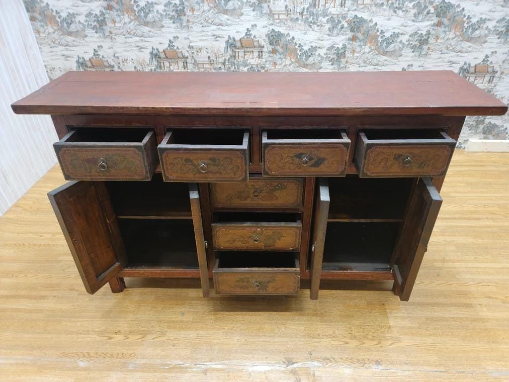 Antique Shanxi Province Red Lacquered & Elmwood Hand Painted Sideboard - 9