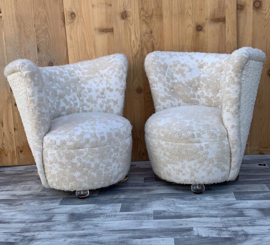 Mid Century Modern Asymmetrical Corkscrew Lounges Newly Upholstered in Boucle - Pair