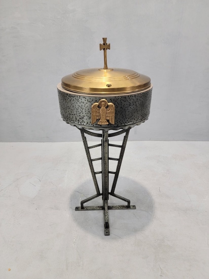 Vintage Hammered Forged Iron & Brass Sliding-Top Baptismal Font