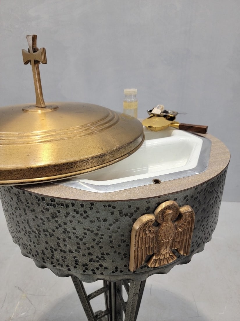 Vintage Hammered Forged Iron & Brass Sliding-Top Baptismal Font - 5