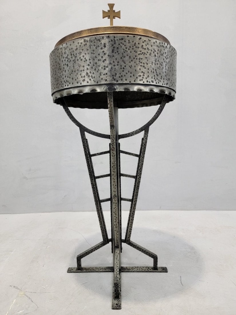 Vintage Hammered Forged Iron & Brass Sliding-Top Baptismal Font - 8