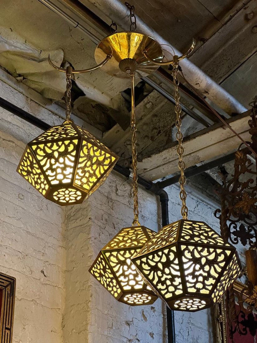 Vintage Asian Pierced Brass Trio of Multi Tiered Ceiling Pendant Chandelier Light - 10