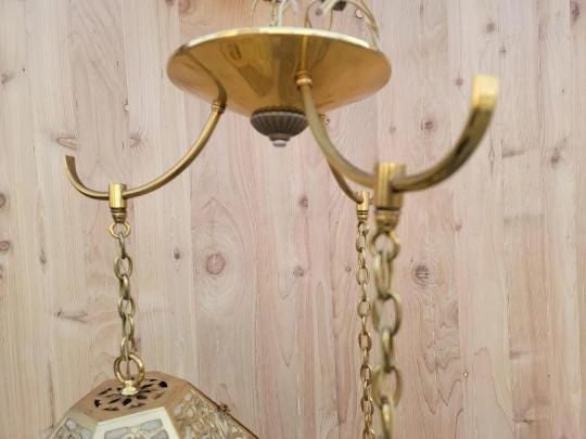 Vintage Asian Pierced Brass Trio of Multi Tiered Ceiling Pendant Chandelier Light - 5