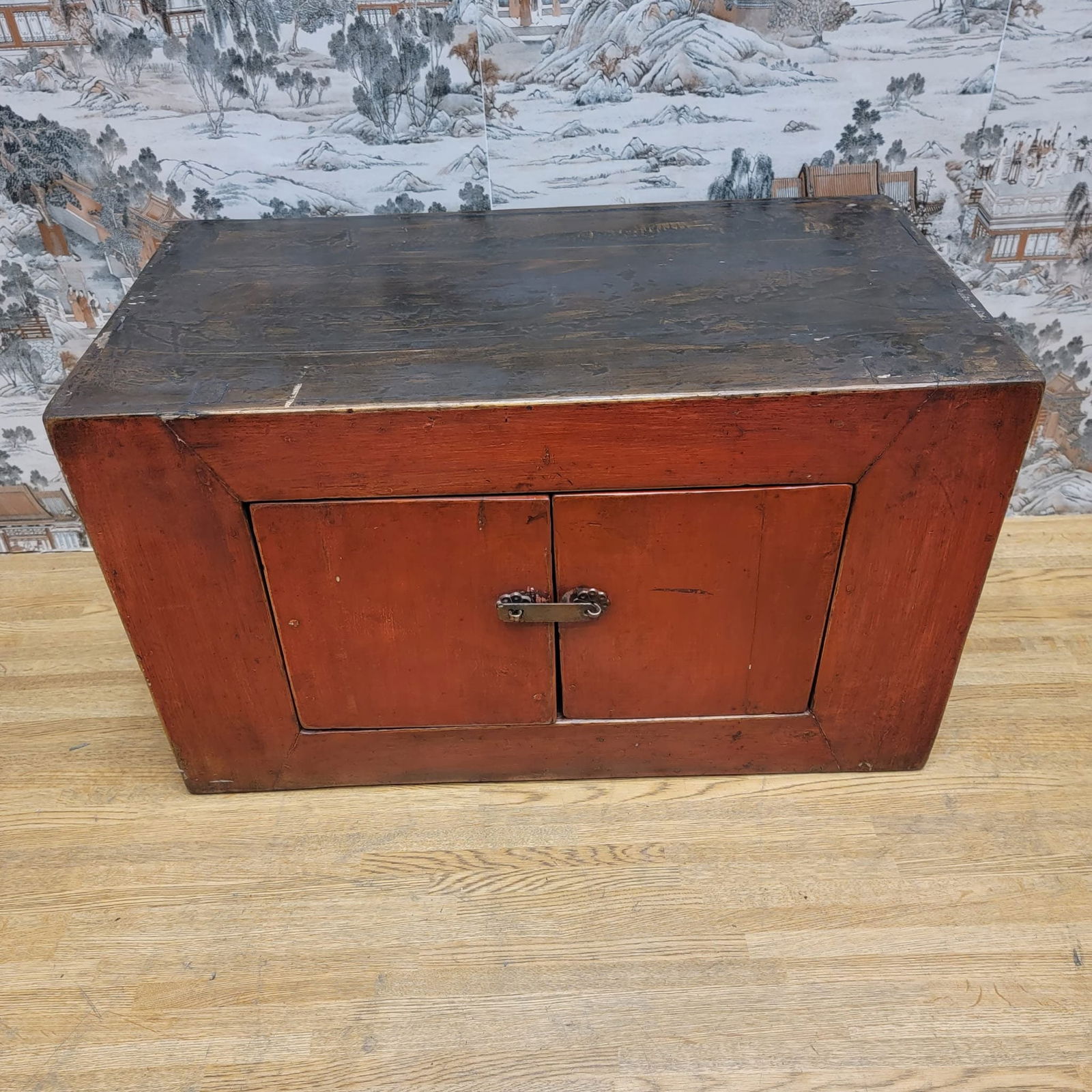 Antique Tibetan Small Elm Red Lacquer 2 Door Chest - 2