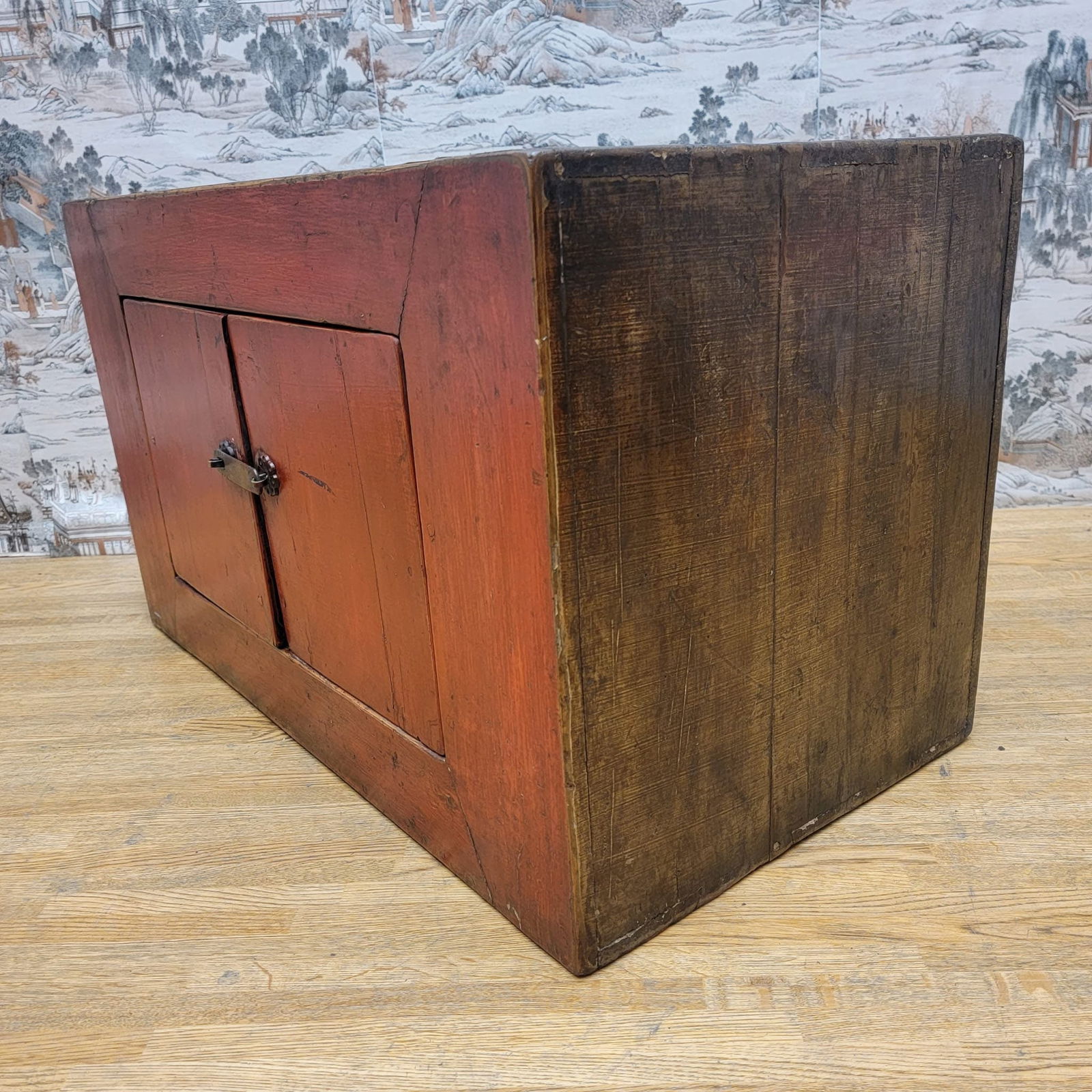 Antique Tibetan Small Elm Red Lacquer 2 Door Chest - 3