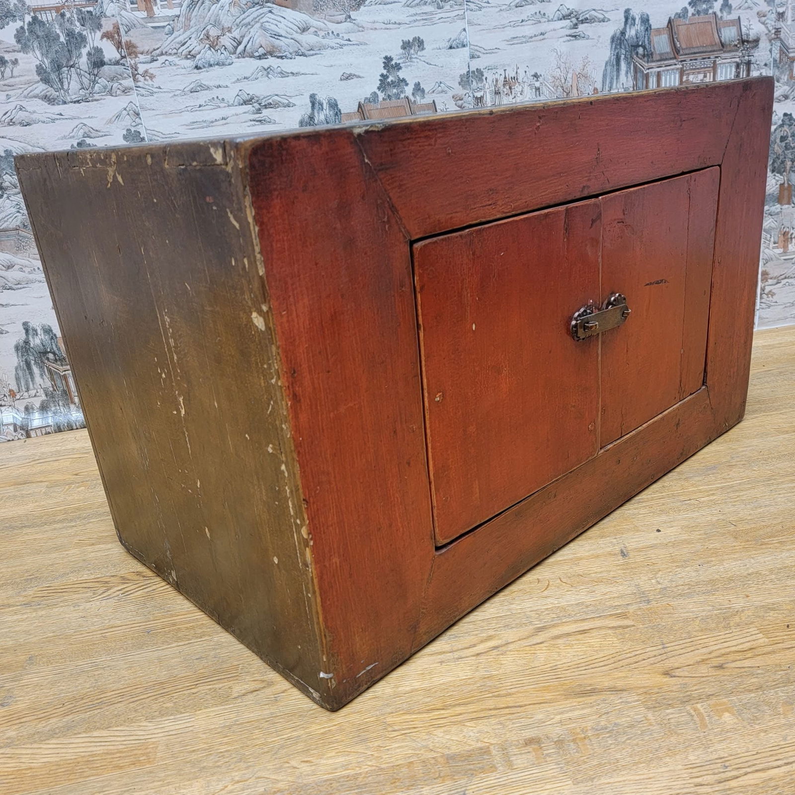 Antique Tibetan Small Elm Red Lacquer 2 Door Chest - 4