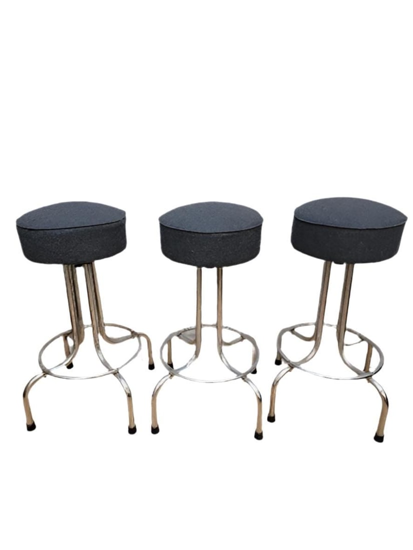 Vintage Industrial Swivel Bar Stools Newly Reupholstered in a Charcoal Wool - 3 Piece Set: Title: Vintage Industrial Swivel Bar Stools Newly Reupholstered in a Charcoal Wool - 3 Piece Set Description: Vintage Industrial Swivel Bar Stools Newly Reupholstered in a Charcoal Wool - 3 Piece Set