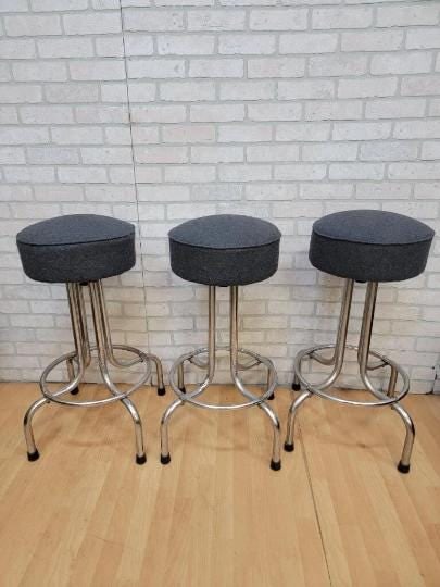 Vintage Industrial Swivel Bar Stools Newly Reupholstered in a Charcoal Wool - 3 Piece Set - 2